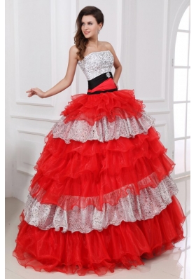 Red and White Strapless Organza Quinceanera Dress with Beading