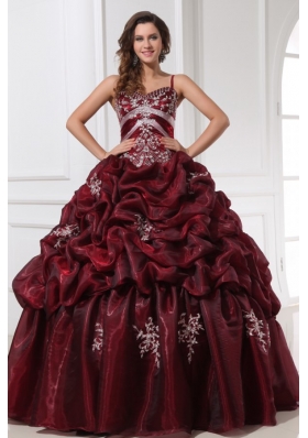 Spaghetti Straps Burgundy Long Quinceanera Dress with Appliques