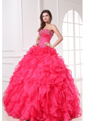 Strapless Organza Coral Red Quinceanera Dress with Beading and Ruffles