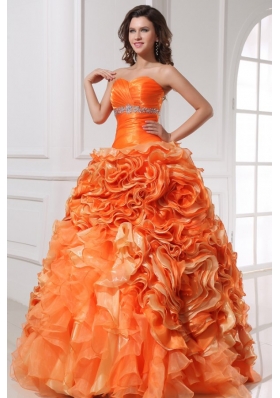 Sweetheart Beading and Rolling Flowers A-line Orange Quinceanera Dress