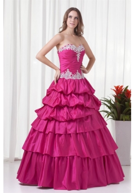 A-line Sweetheart Hot Pink Taffeta Appliques Long Quinceanera Dress