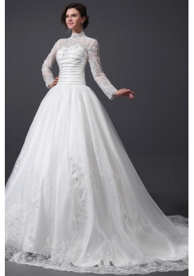 A-Line High Neck Organza Wedding Dress with Chapel Train with Appliques
