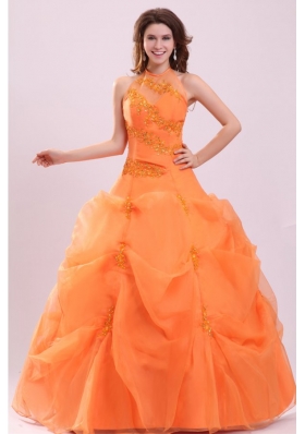 A-line Orange Halter Top Neck Appliques with Beading Quinceanera Dress