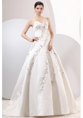 A-Line Straps Embroidery Satin Wedding Dress with Zipper-up