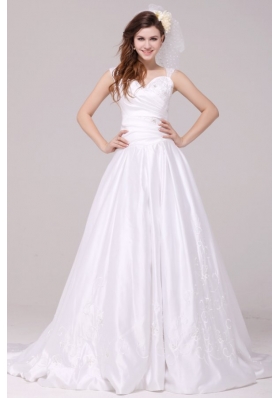 A-Line Straps Embroidery Taffeta Wedding Dress with Brush Train