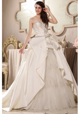 A-line Sweetheart Beading Bow Ruching Chapel Train Wedding Dress