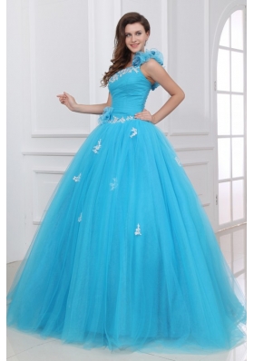 Aqua One Shoulder Appliques and Hand Made Flowers Quinceanera  Dress