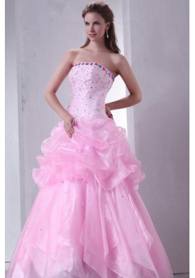 Baby Pink Strapless Beading and Pick-ups Organza Quinceanera Dress