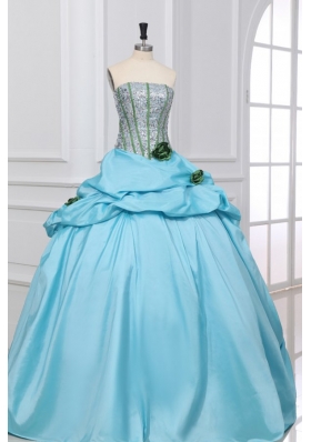 Light Blue Strapless Sequins and Taffeta Quinceanera Dress with Flowers