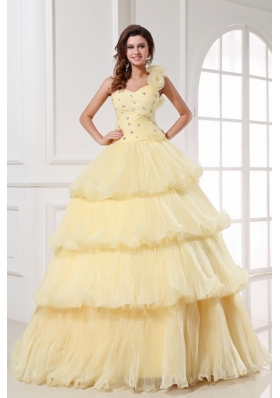 Light Yellow One Shoulder Beading and Pleats A-line Quinceanera Dress