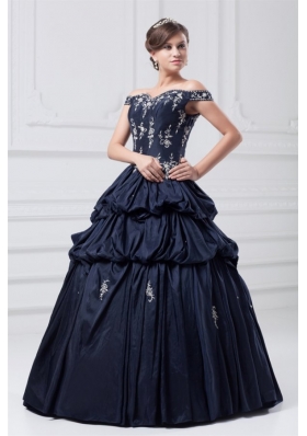 Off The Shoulder Taffeta Navy Blue Quinceanera Dress with Appliques