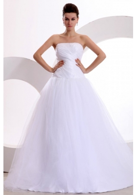 Princess Strapless Ruching Brush Train Tulle Wedding Dress