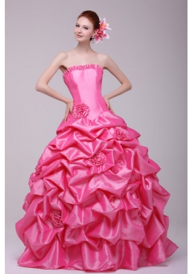 Rose Pink Strapless Hand Made Flowers and Pick-ups Quinceanera  Dress