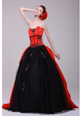 Strapless Red and Black Quinceanera Dress with Appliques with Beading