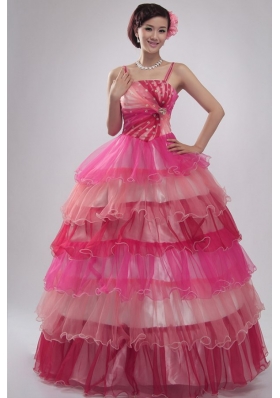 Straps Beading and Ruffles Layered Quinceanera Dress in Pink