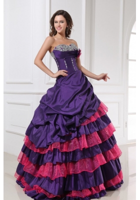 Sweetheart Beading and Flowers Quinceanera Dress in Red and Purple