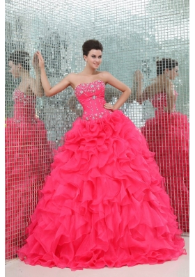 Sweetheart Beading and Ruffles Organza Coral Red Quinceanera  Dress