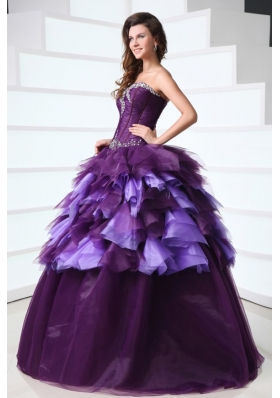 Sweetheart Dark Purple Sweep Train Quinceanera Dress with Beading