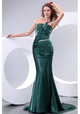 Affordable Mermaid One Shoulder Green Ruching Brush Train Prom Dress