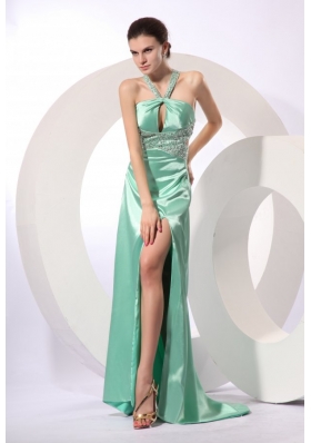 Apple Green Column Brush Train Beading Elegant Criss Cross Elastic Woven Satin  Prom Dress with Halter