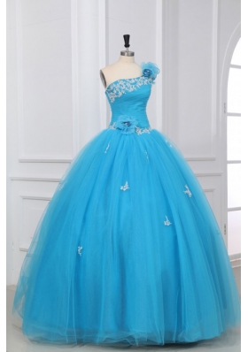 Appliques and Hand Made Flowers One Shoulder Quinceanera Dress in Aqua