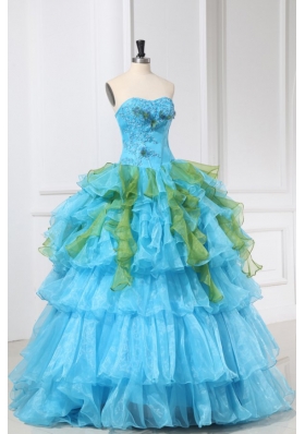 Appliques and Ruffles Organza Aqua Blue Long Quinceanera Dress