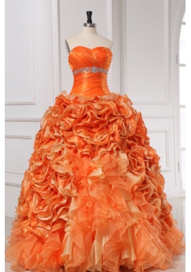 Beading and Rolling Flowers Sweetheart Quinceanera Dress in Orange