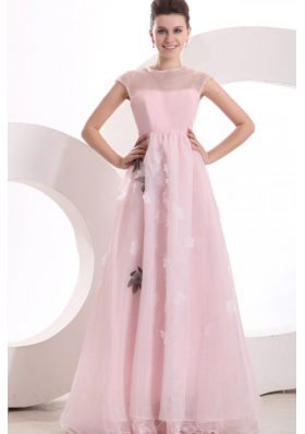 Beautiful Empire Pink Organza Appliques Prom Dress with High Neck