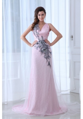 Beautiful Pink Column V-neck Tulle and Taffeta Prom Dress with Appliques