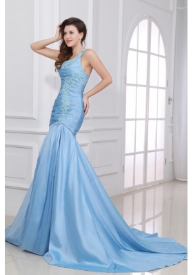Blue A-Line Sweetheart Taffeta Prom Dresses with Appliques Brush Train