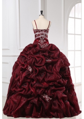 Burgundy Spaghetti Straps Appliques and Pick-ups Long Quinceanera Dress