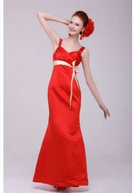 Cheap Column Straps Floor-length Taffeta Sashs Red Prom Dress