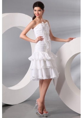 Column Strapless Knee-length Wedding Dress with Bowknot and Ruche