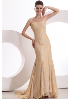Informal Column Strapless Brush Train Lace Champagne Prom Dress