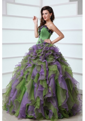 Multi-color Strapless Appliques and Ruffles Quinceanera Dress with Organza
