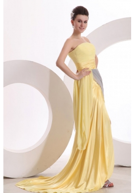 New Column Strapless Ruching Yellow Chiffon Prom Dress with Brush Train