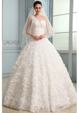 One Shoulder A-line Brush Train Wedding Dress with Beading and Ruffles