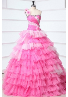 One Shoulder Beading and Ruffles Layered Quinceanera Dress in Pink