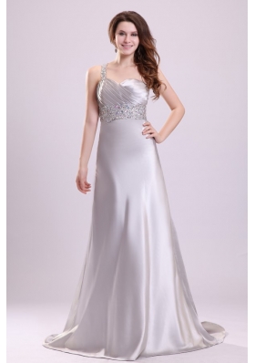 Sexy Column One Shoulder Criss Cross Brush Train Grey Beading Prom Dress