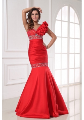 Sexy Mermaid One Shoulder Floor-length Beading Red Taffeta Prom Dress