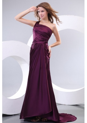 Simple Column One Shoulder Brush Train Taffeta Prom Dress with Ruching