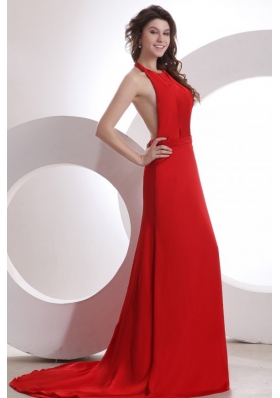 Simple Empire Halter Chiffon Red Brush Train Prom Dress