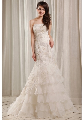 Strapless Mermaid Embroidery and Ruffles Court Train Wedding Dress