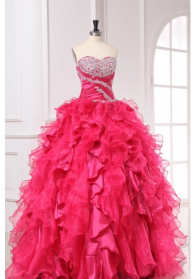 Sweetheart Long Hot Pink Quinceanera Dress with Beading and Ruffles