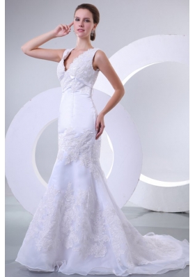 V-neck Mermaid Organza Appliques Wedding Dress for 2014 Spring