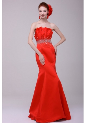2014 Gorgeous Mermaid Straples Red Zipper Up Prom Dress with Beading