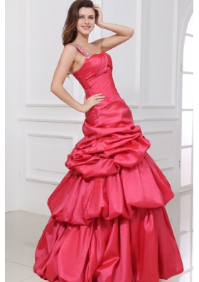 A-line Beaded Decorate One Shoulder Floor-length Prom Dress in Coral Red