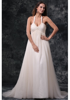 A-Line Halter Court Train Beading Tulle Wedding Dress