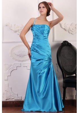 Blue One Shoulder Prom Dress with Beading and Ruching