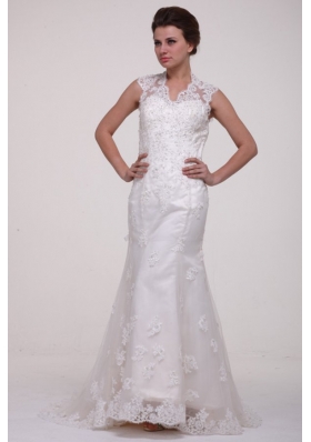 Column High Neck Brush Train Appliques Lace Wedding Dress